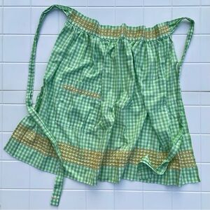 Vintage Green Gingham Handmade Half Apron with Yellow Embroidery and a Pocket